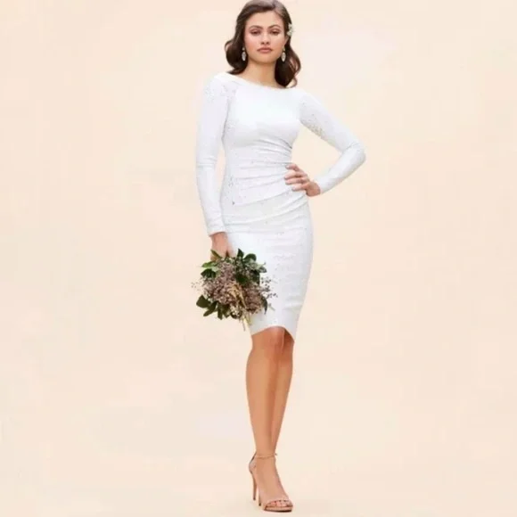 Dress The Population NWT Emilia Long Sleeve Ruched Dress in White Sequins Size M - Picture 3 of 17